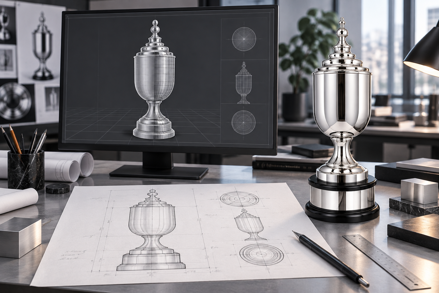 ภาพจำลองโต๊ะออกแบบพร้อมภาพร่างถ้วยและโมเดล CAD สามมิติ WS 6243